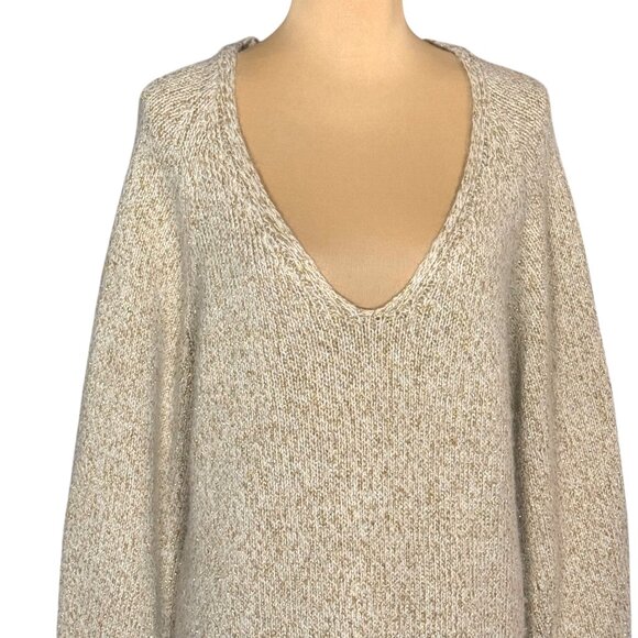Massimo Dutti Alpaca Blend Sweater Sz L Cream Gold Thread V-Neck Metallic Chic - Picture 3 of 15